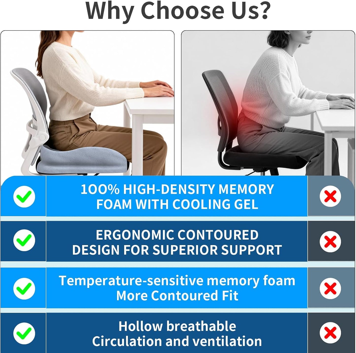 Seat Cushions for Office Chairs Wheelchair Cushion for Long Sitting Back Pain，Memory Foam Seat Car Computer Desk Chair Cushion，Coccyx Cushion for Tailbone Pain Relief Cushion Office Chair Black