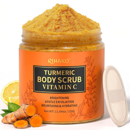 RIHAKO Turmeric Body Scrub, Exfoliating Body Scrub with Vitamin C, Deep Cleansing Skin Exfoliator Scrub, Organic Moisturizing Skincare for Bikini Area, Body, Hands, and Foot 11.64 oz