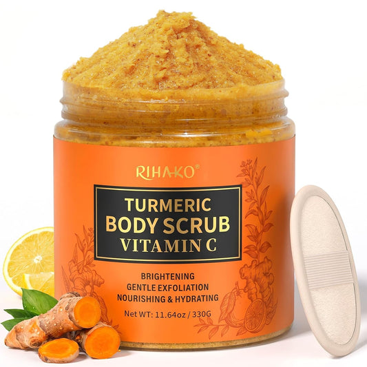 RIHAKO Turmeric Body Scrub, Exfoliating Body Scrub with Vitamin C, Deep Cleansing Skin Exfoliator Scrub, Organic Moisturizing Skincare for Bikini Area, Body, Hands, and Foot 11.64 oz