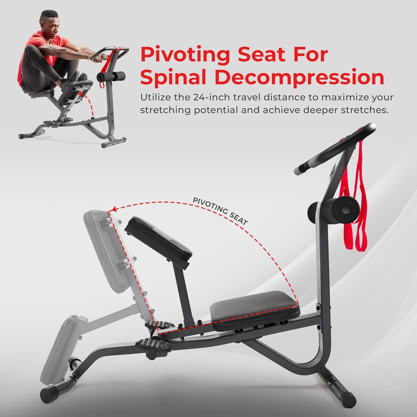 Sunny Health & Fitness Full Body Stretch Machine for Home Gym, Back Stretcher & Flexibility Trainer with Pivoting Seat, Foam Rollers, Safety Straps, Handlebar & SunnyFit App
