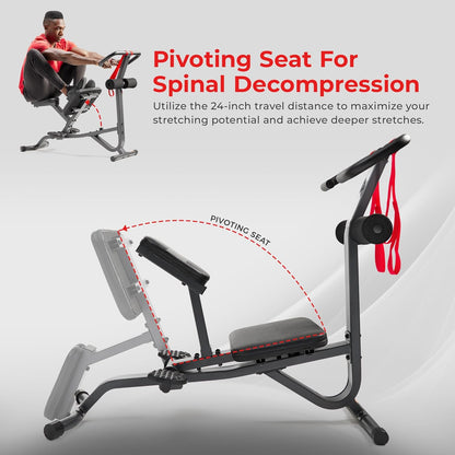 Sunny Health & Fitness Full Body Stretch Machine for Home Gym, Back Stretcher & Flexibility Trainer with Pivoting Seat, Foam Rollers, Safety Straps, Handlebar & SunnyFit App