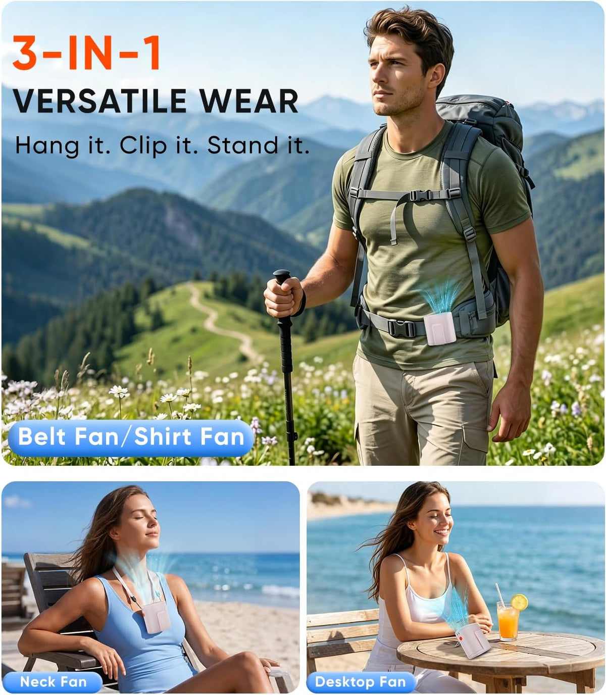 AI Portable Waist Fan, 15,000RPM, 30H Cooling Hands-Free Personal Fan