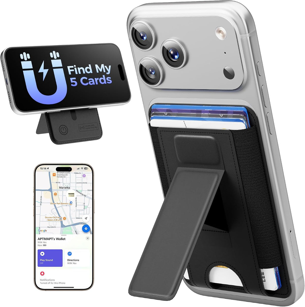 for MagSafe Wallet, Works with Apple Find My, 5-Card RFID Holder with Stand Also Grip, Strong Magnetic Wallet for iPhone 17/16/15/14/13/12 Pro Max Air Plus, Wireless Charging, Black