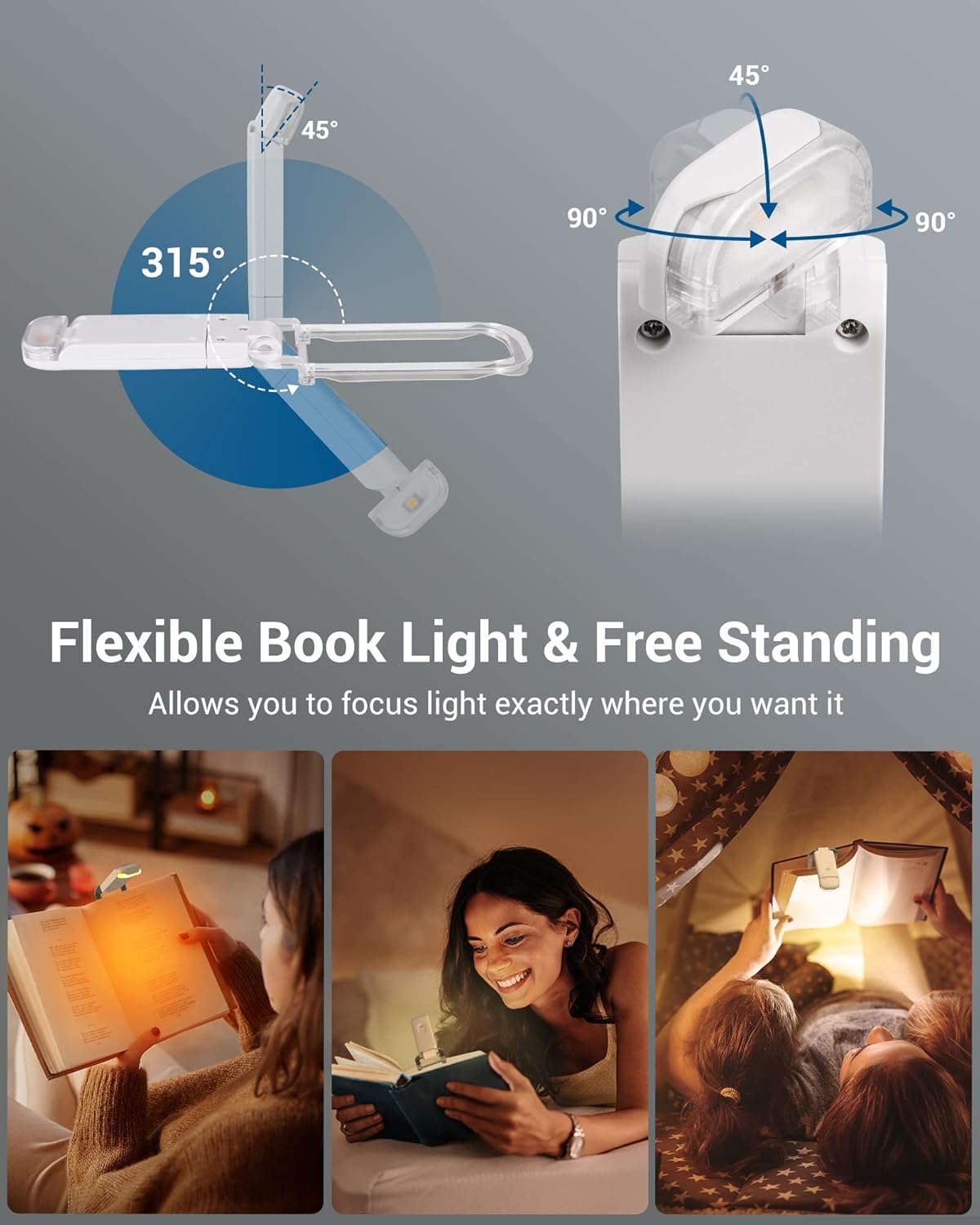 DEWENWILS Book Reading Light, USB Rechargeable Booklight for Reading at Night, LED Clip On Book Lights for Kids, Bookworms, Blue Light Blocking, Amber + Warm White (Green)