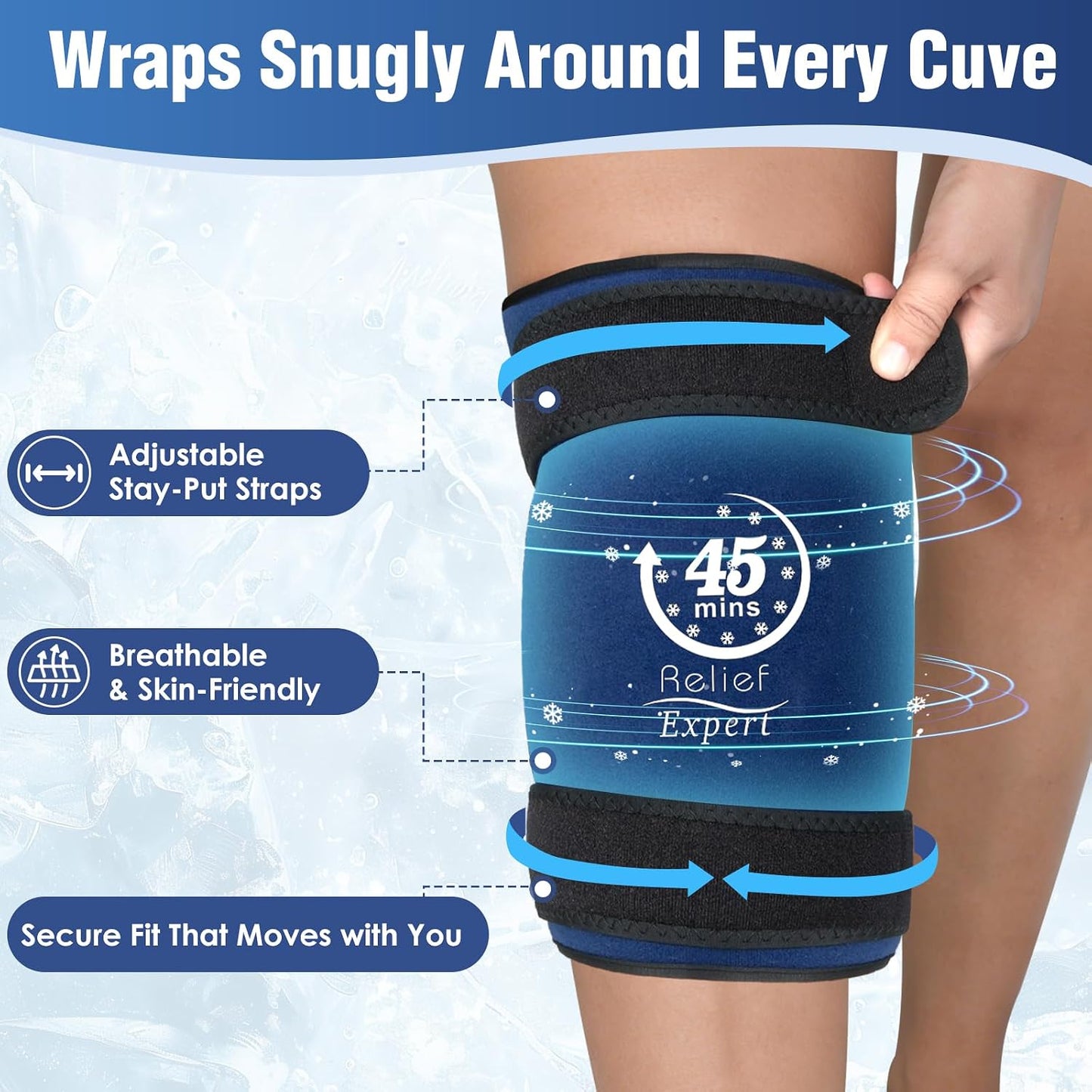 45-Minute Knee Ice Pack Wrap with Advanced Ice Grid Gel, Long-Lasting Ice Pack for Knees, Calves, Elbows, Flexible & Reusable Gel Ice Pack with Cold Compress for Workout Recovery- Fits Most Sizes