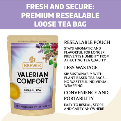 BREWIX, Valerian Comfort Tea for Sleep and Relaxation (25 Pyramid Bags) Caffeine-Free and Calming for Bedtime | Valerian Root, Chamomile & Lavender | Perfect Wellness Sleep