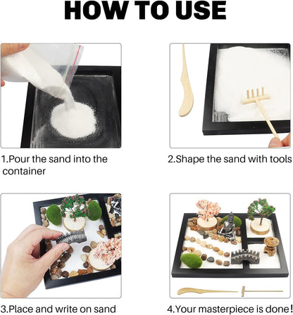 Sakura Budah Desktop Mini Zen Garden - 9" x 7" with White Sand, Artificial Bonsai Tree, Rocks, Rakes & Accessories - Meditation Gift for Office Decor