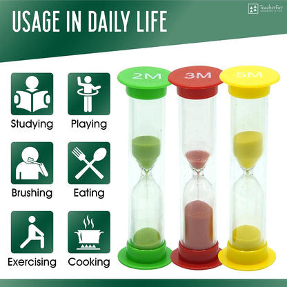 Sand Timer for Kids Set of 3 Small Colorful Hourglass Acrylic Covered Clock 1Min 2Min 5Min for Classroom, Home & Kids Room