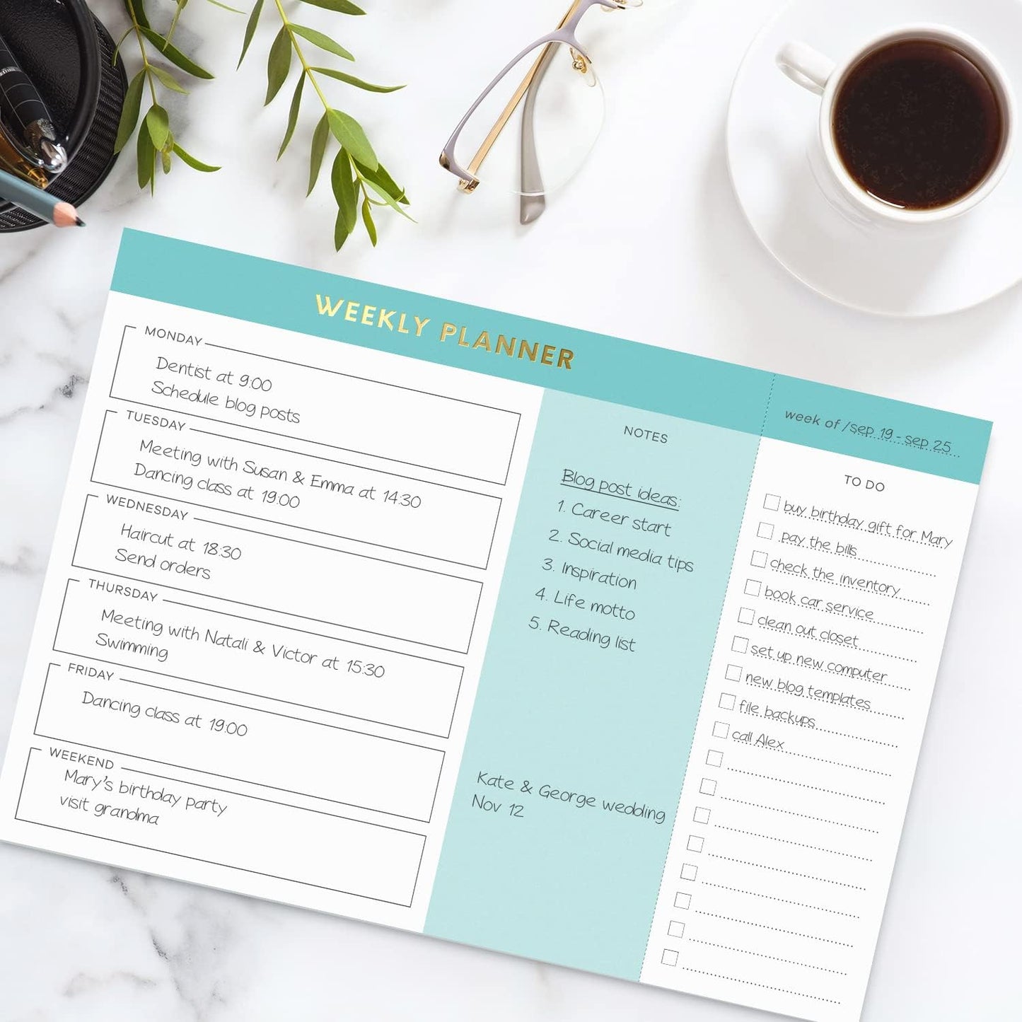 Sweetzer & Orange Weekly To Do List Pad. Gold Foil Weekly Organizer Notepad with Daily Agenda Squares. 7x10” Day Scheduler 2026 - Student Agenda, Work Log, and Checklist Note Pad.