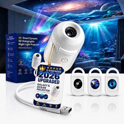 HD Smart Dynamic 5D Holographic Night Light Projector, Plug and Play 2-in-1 Galaxy Star and Ocean Projector with 24 Films, 360 Rotating USB Powered Ceiling Light for Bedroom Decor (With 3 Films)