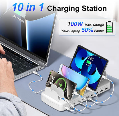 510W Charging Station for Multiple Devices, 10 Ports Charger Organizer