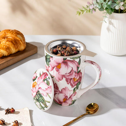 AmorArc 18oz Porcelain Tea Mug with Infuser & Lid, Loose Leaf Tea Cup with Stainless Steel Strainer, Large Coffee Mug Gift for Women, Tea Lovers, Home & Office