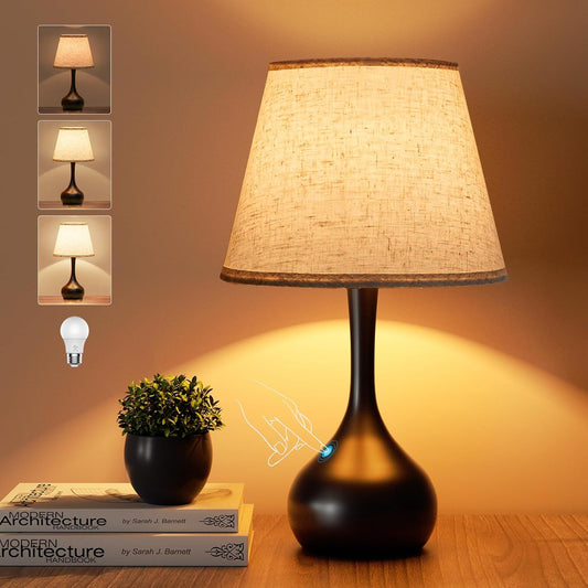 ONEWISH Touch Bedside Lamp, Farmhouse 3-Way Dimmable Table Lamps for Nightstand with Fabric Shade, 17.32'' Desk Lamp for Reading, Bedroom, Livingroom, Office