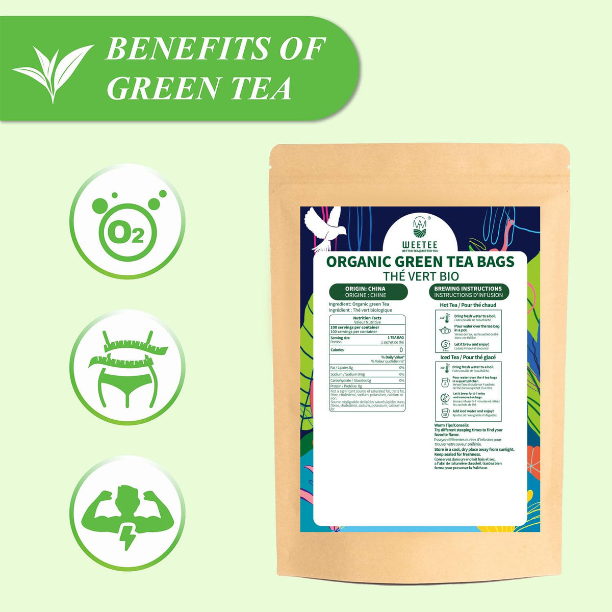 WT WEETEE Organic Green Tea Bags 100ct, Caffeinated & Super Antioxidant