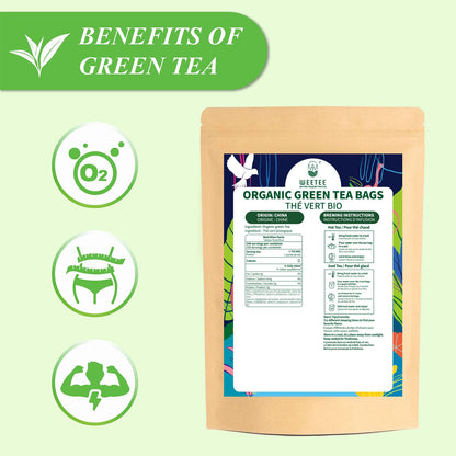 WT WEETEE Organic Green Tea Bags 100ct, Caffeinated & Super Antioxidant