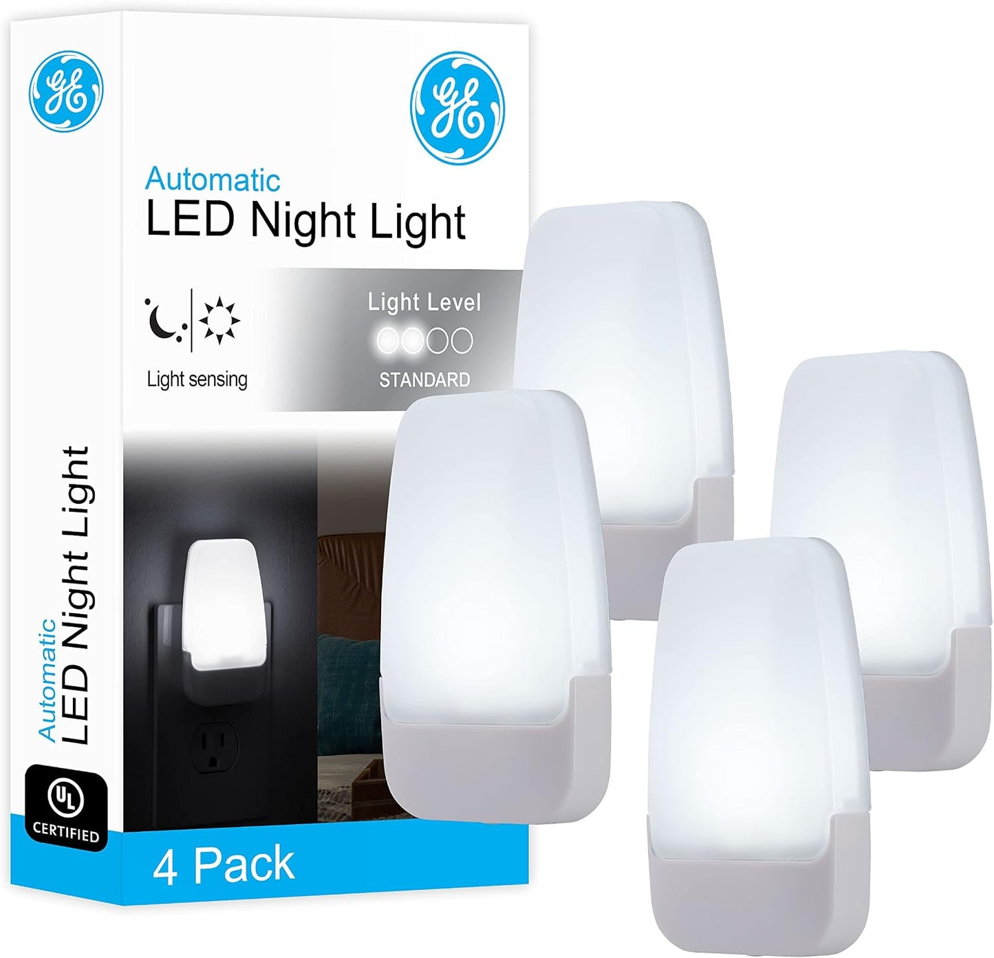 GE Sleeplite Night Lights Plug Into Wall, Dusk to Dawn Sensor, Ambient Lighting, Sleep Aid, Bathroom Decor, LED Lights for Bedroom, Apartment Essentials, Smart Home,86153, Amber, 4 Pack
