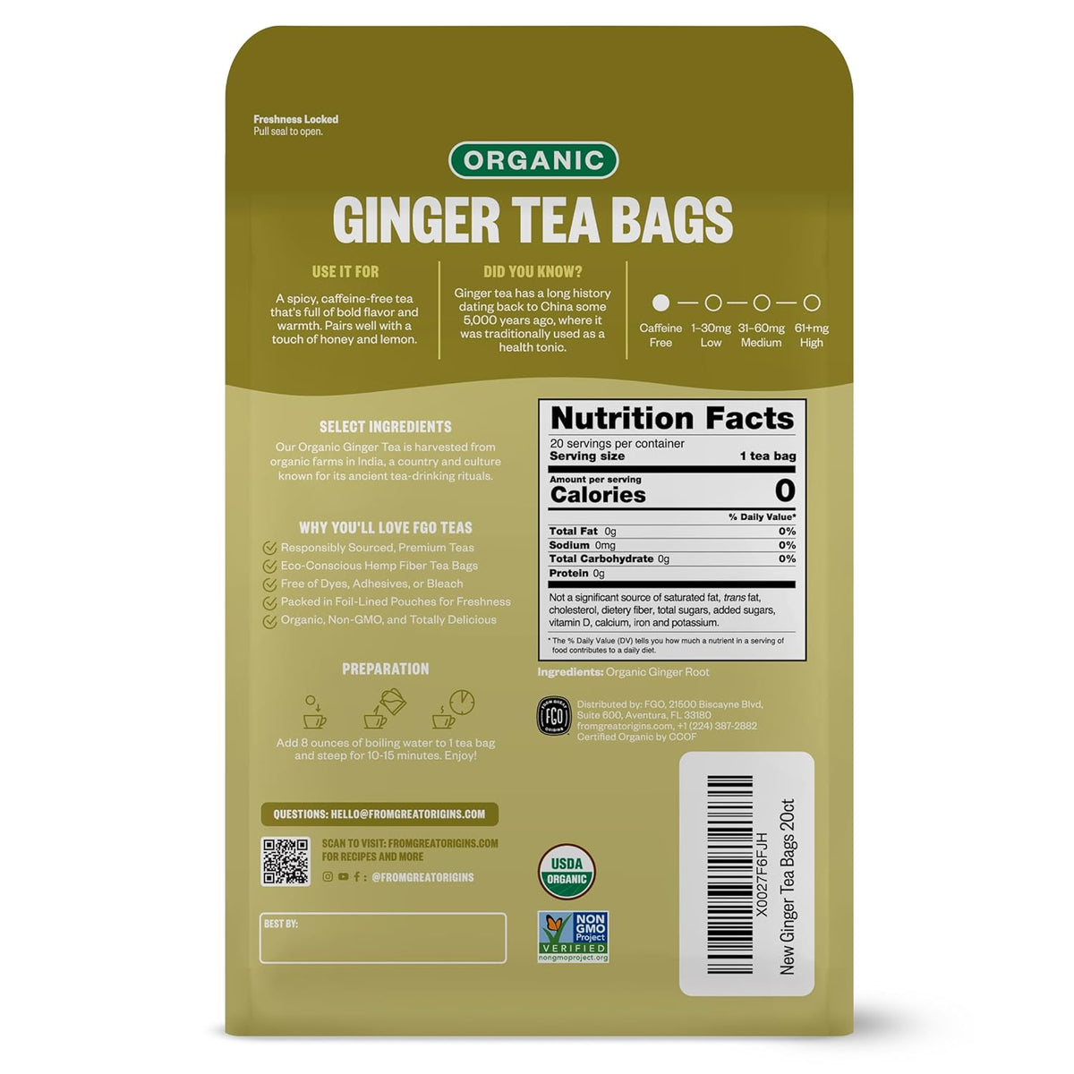 FGO Organic Ginger Tea, 100 Count, Eco-Conscious Tea Bags, Resealable Bag, Packaging May Vary (Pack of 1)