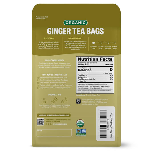 FGO Organic Ginger Tea, 100 Count, Eco-Conscious Tea Bags, Resealable Bag, Packaging May Vary (Pack of 1)
