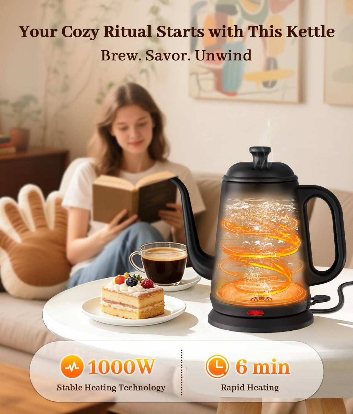 Gooseneck Electric Kettle 1L, 1000W, Pour-Over Coffee & Tea