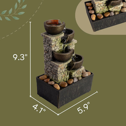 Haobos Indoor Tabletop Fountain 3-Tier Rockery Relaxation, Soothing Sound Home/Office/Bed Room Decor,Gifts for Mom/Grandma Relaxing Waterfall Meditation Tabletop Fountain LED Lights