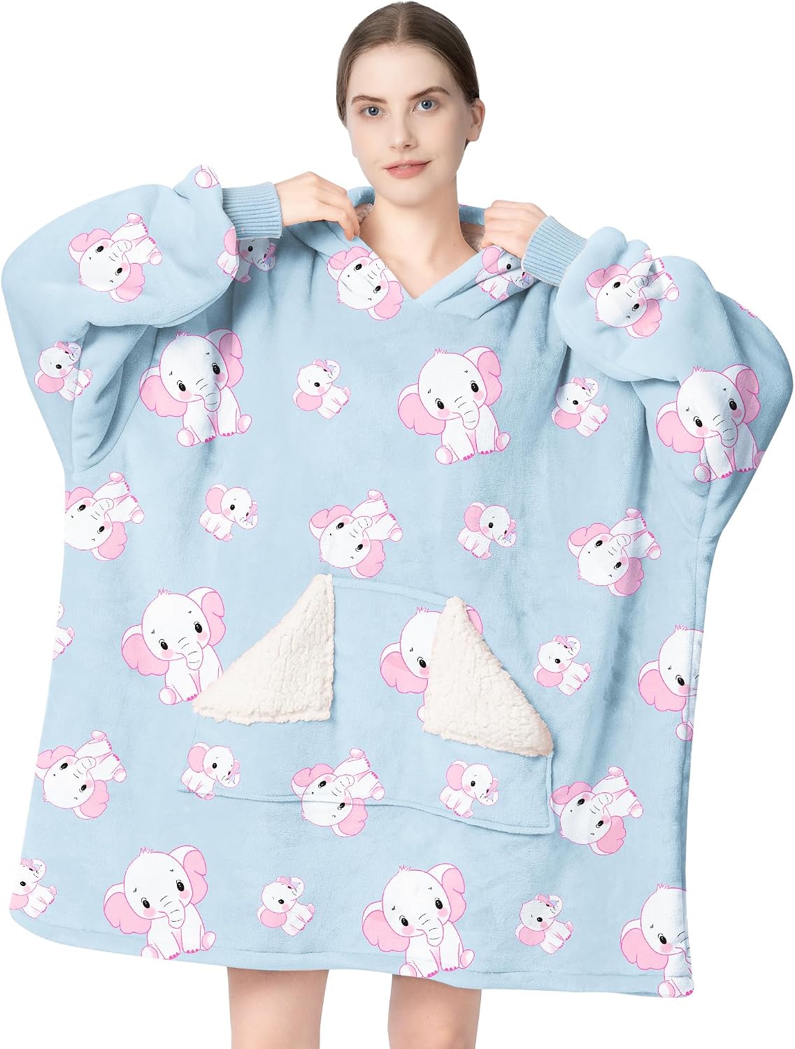 Touchat Wearable Blanket Hoodie, Oversized Sherpa Blanket Sweatshirt with Hood Pocket and Sleeves, Super Soft Warm Plush Hooded Blanket for Adult Women Men, One Size Fits All (Pink)