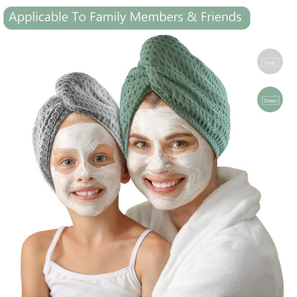 Dolwis Microfiber Hair Drying Towel - 2Packs Waffle Long Hair Head Turban Wraps Terry Cloth Fast Absorbent Dry Anti Frizz Twist Plopping Curly Shower Turban for Women Wet Hair (Green)