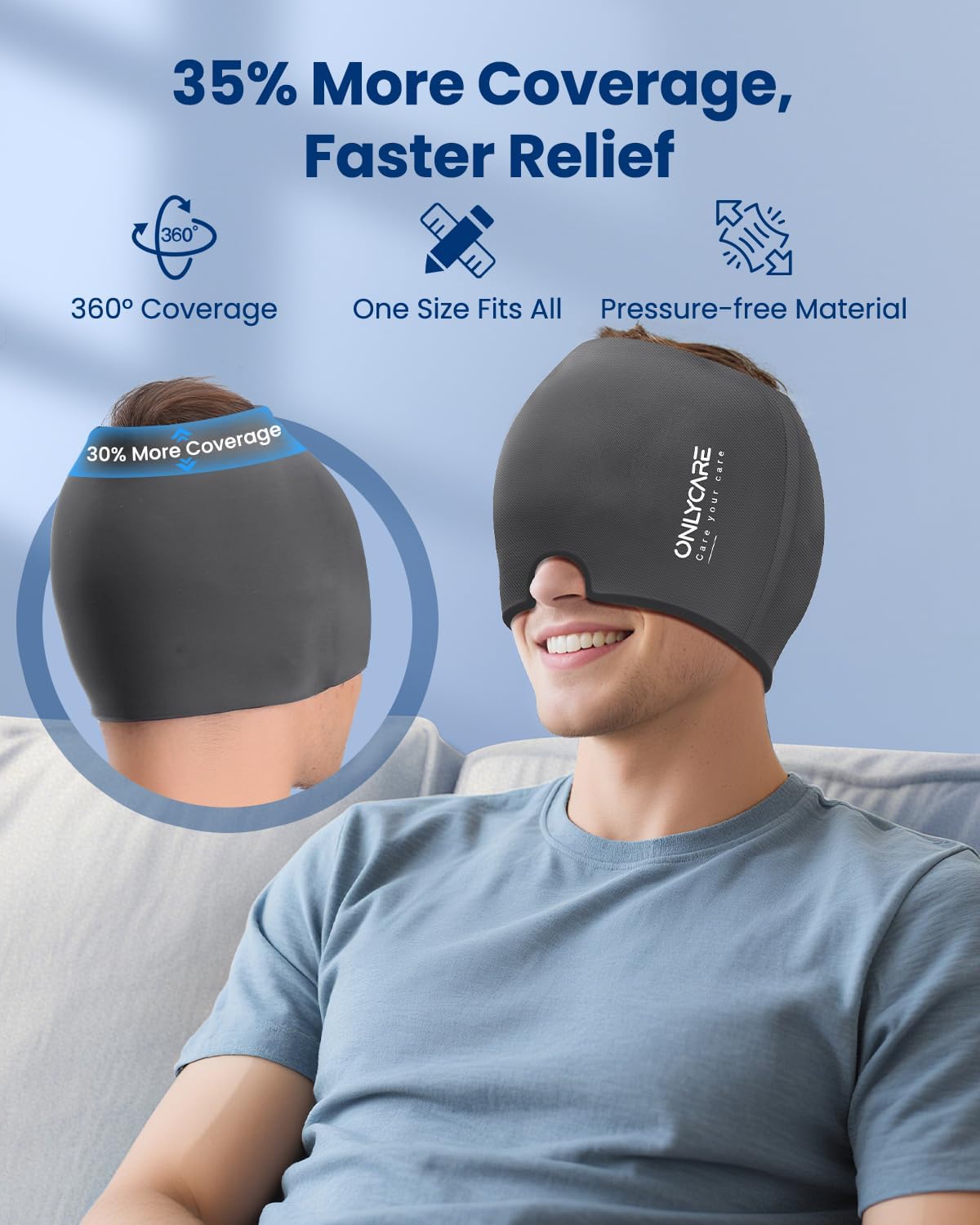 ONLYCARE Migraine Relief Cap, Upgraded Headache Relief Cap with Odorless Reusable Gel Head Wrap, Soothing Face Ice Pack Mask Products with Hot & Cold Therapy for Tension, Stress, Hangover & Puffy Eyes