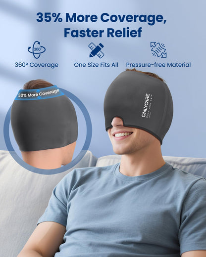 ONLYCARE Migraine Relief Cap, Upgraded Headache Relief Cap with Odorless Reusable Gel Head Wrap, Soothing Face Ice Pack Mask Products with Hot & Cold Therapy for Tension, Stress, Hangover & Puffy Eyes