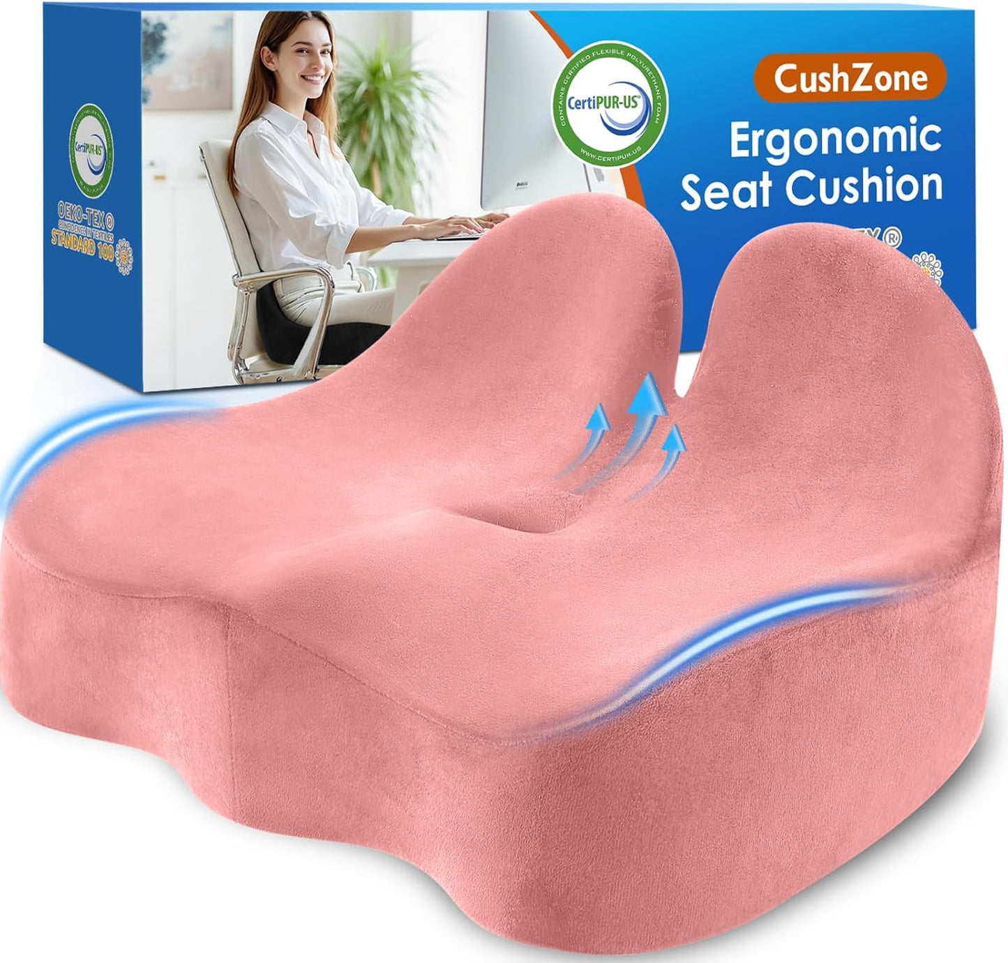 CushZone Seat Cushion, Ergonomic Memory Foam Seat Cushions for Office Chairs, Car, Long Trip, Desk Chair, Lab, Extra Large Size for Sciatica & Hip & Tailbone Pain Relief, Sciatica Support (Black)