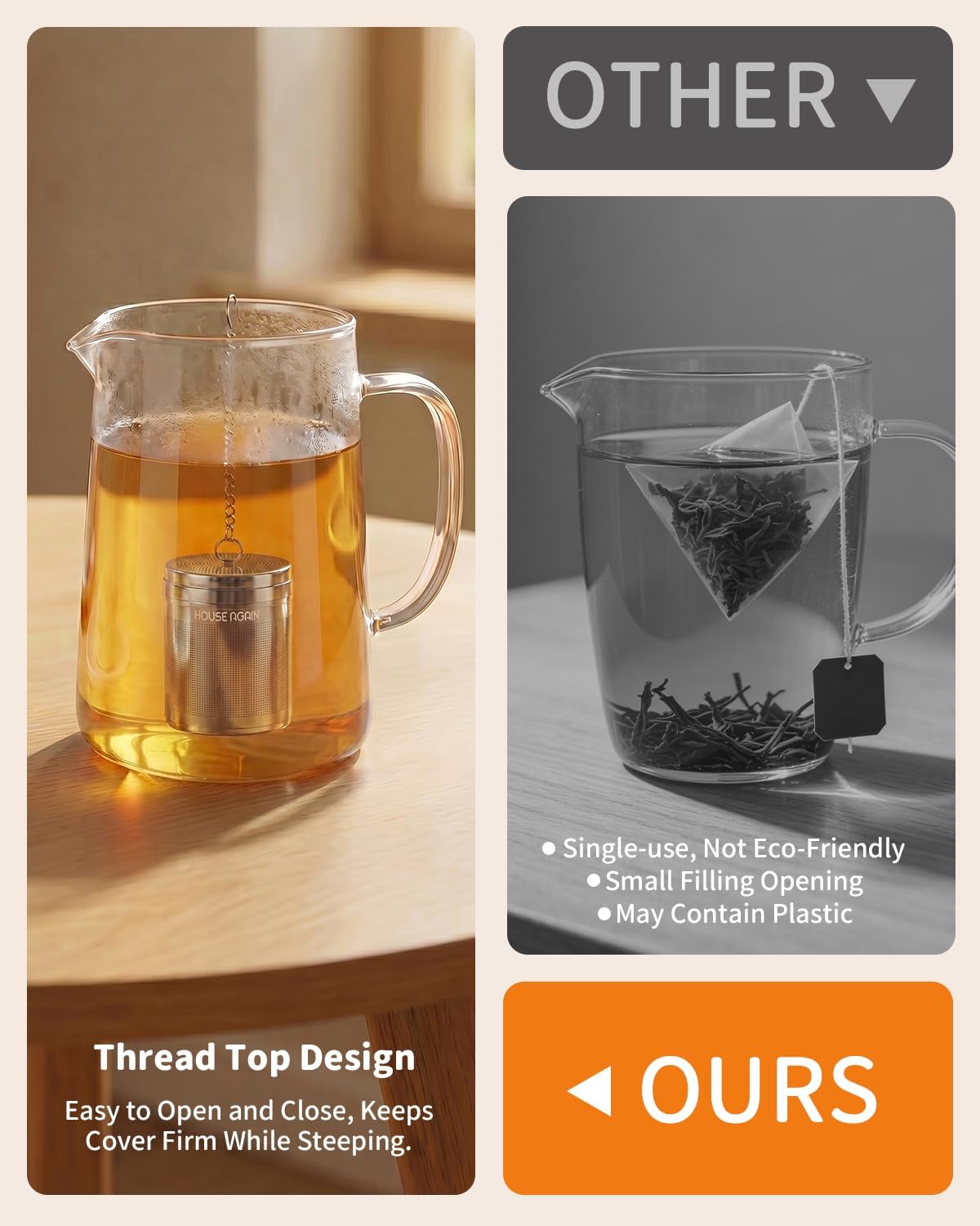 House Again Large Tea Infusers, Extra Fine Mesh Tea Strainers for Loose Tea, Slim Threaded Lid & 304 Stainless Steel, Filter Bags Diffusers, Loose Leaf Tea Steeper for Brew Tea Spices & Seasonings