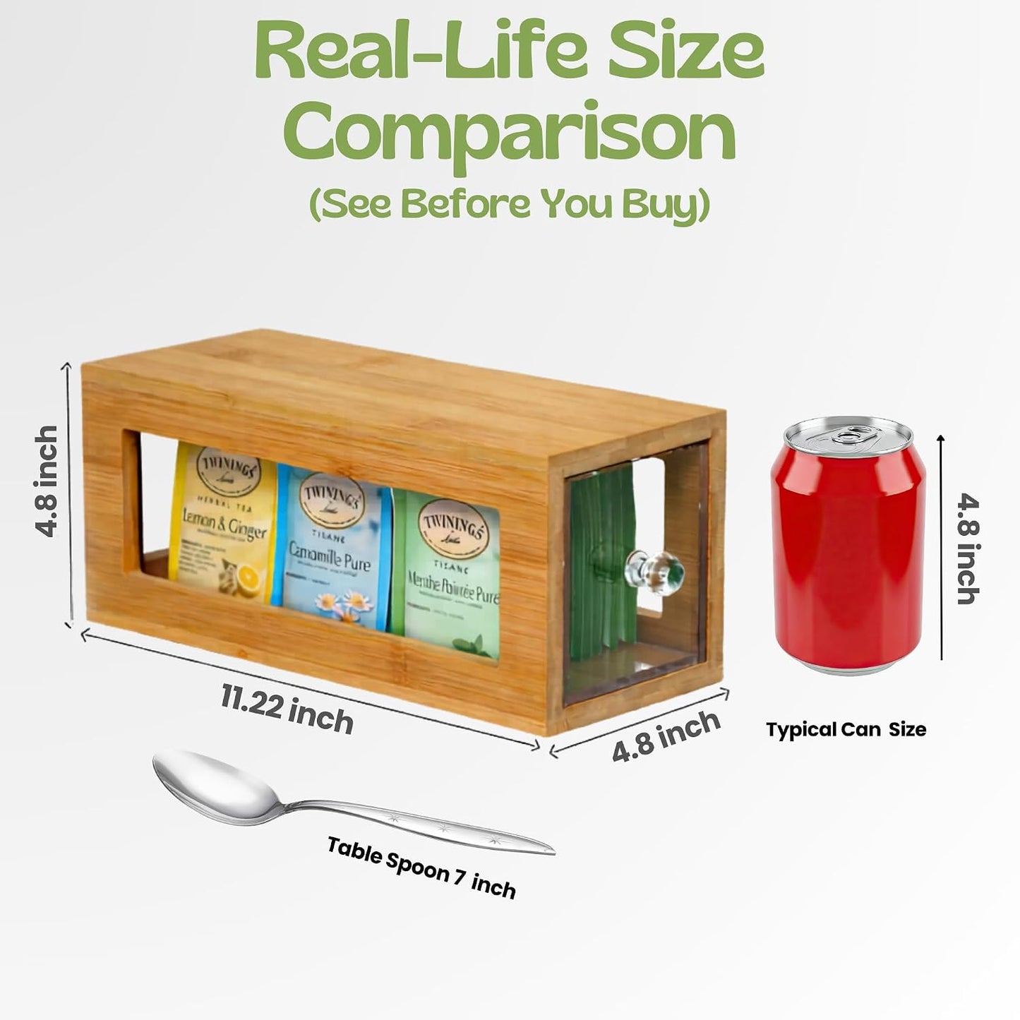 Bamboo and Acrylic Drawer Tea Bag Holder- Durable & Elegant Tea Bag Storage Holder for Kitchen Countertop, Space-Saving Tea Drawer Organizer