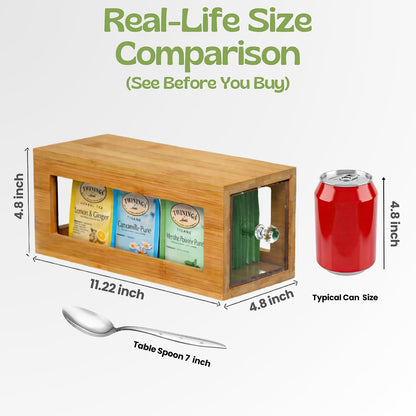 Bamboo and Acrylic Drawer Tea Bag Holder- Durable & Elegant Tea Bag Storage Holder for Kitchen Countertop, Space-Saving Tea Drawer Organizer