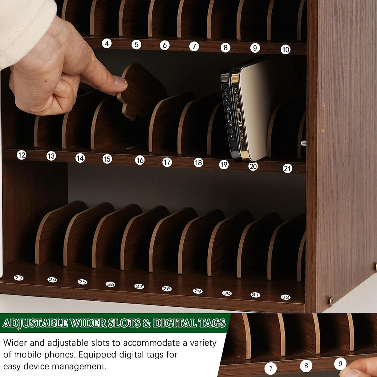 Wooden Phone Lock Box,Adjustable 33 Slots Cell Phone Holder Classroom