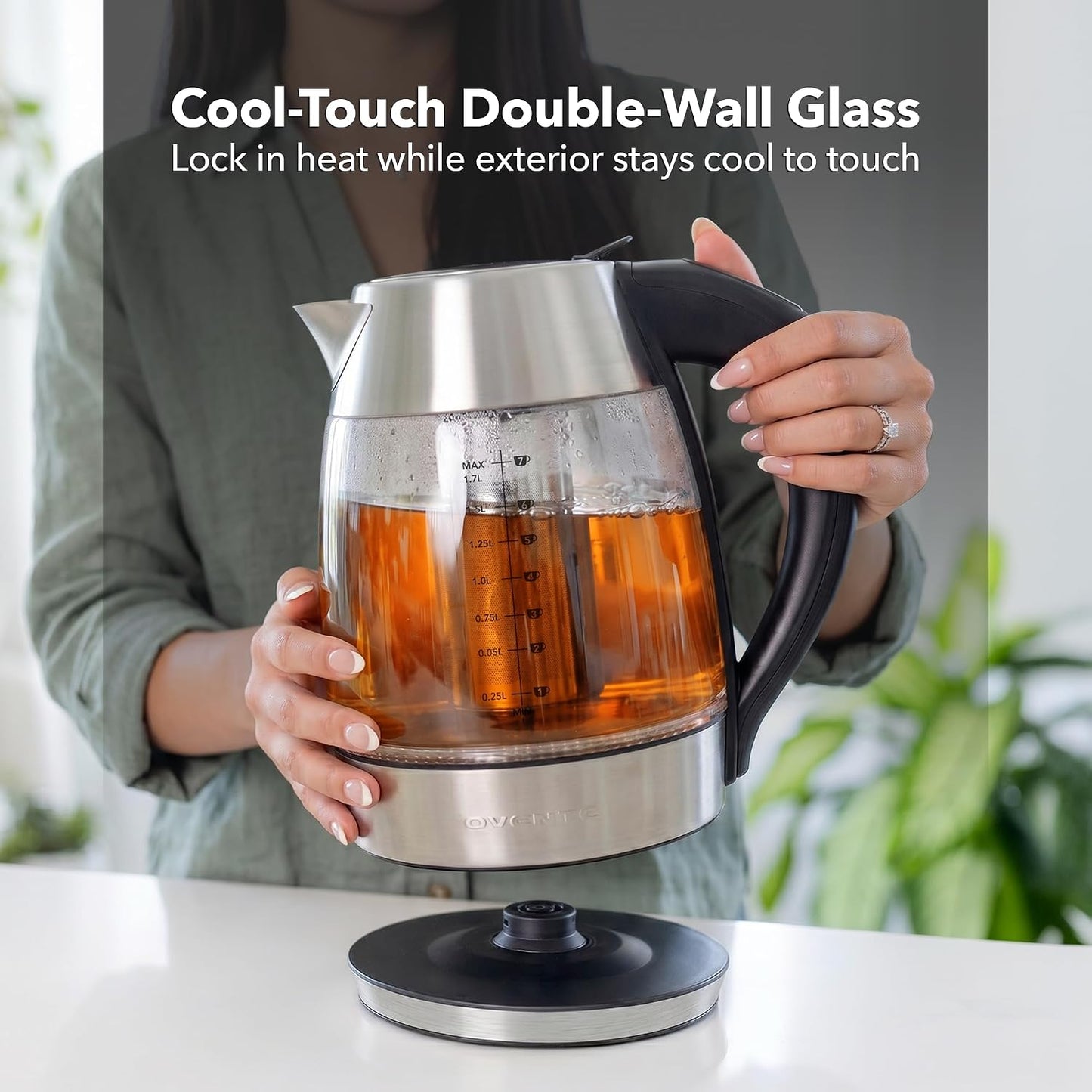 OVENTE 1.8L Glass Electric Kettle with Tea Infuser, Silver KGD752S