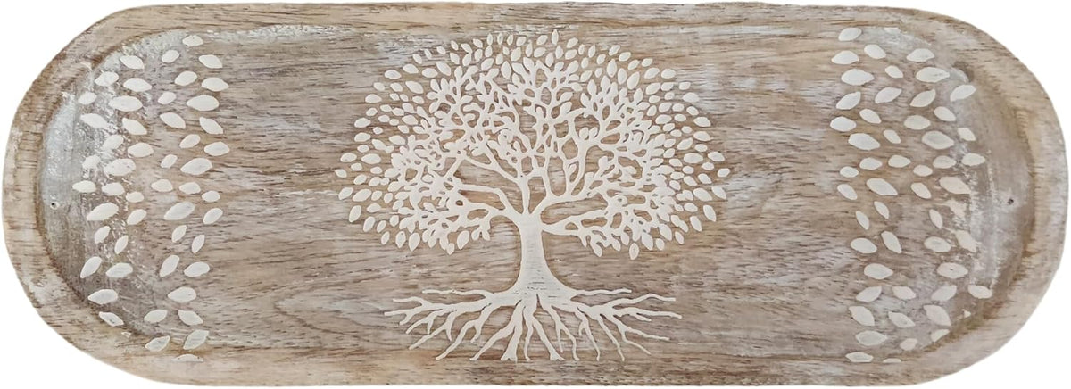 VANIYA CRAFTS® Wooden Handmade Tree of Life Design Boat Shape Incense Holder Stand Insence Tray for Home Decor Restaurant (11X4, Natural Black)