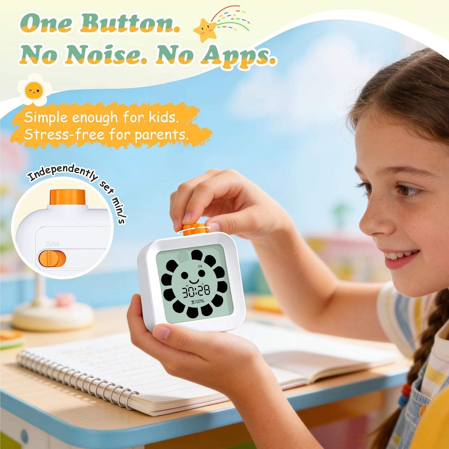 EooCoo Cute School Supplies Visual Timer for Kids, ADHD & Autism, Digital Countdown with Clear Petal-Style Visual Time Progress, Easy-to-Use Time Management Tool for Calm Transitions, Classroom & Home