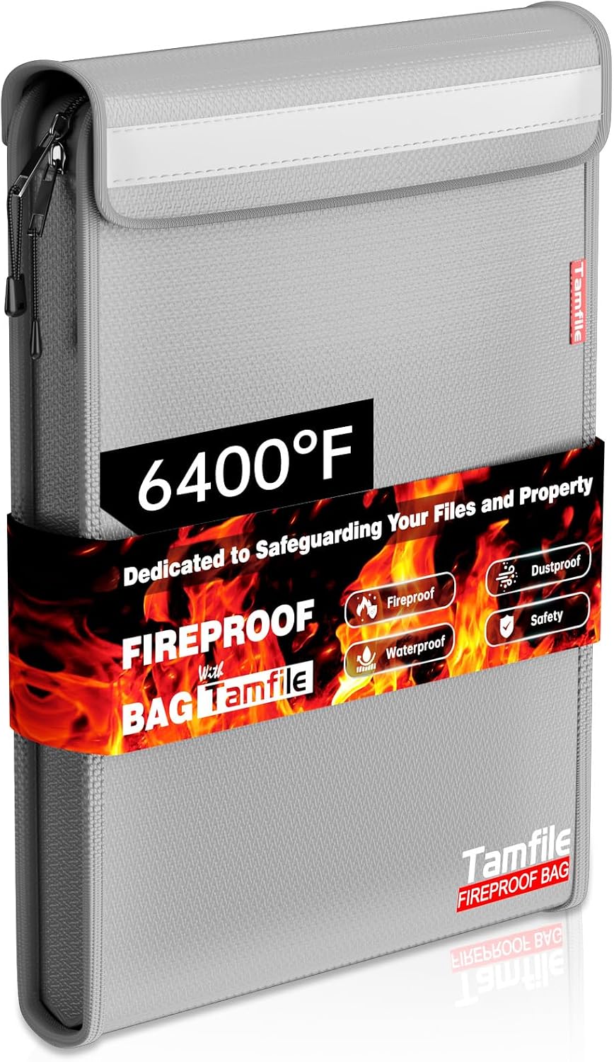 6400℉ Fireproof Document Bag, 15”x 11” Waterproof Document Organizer, Grey