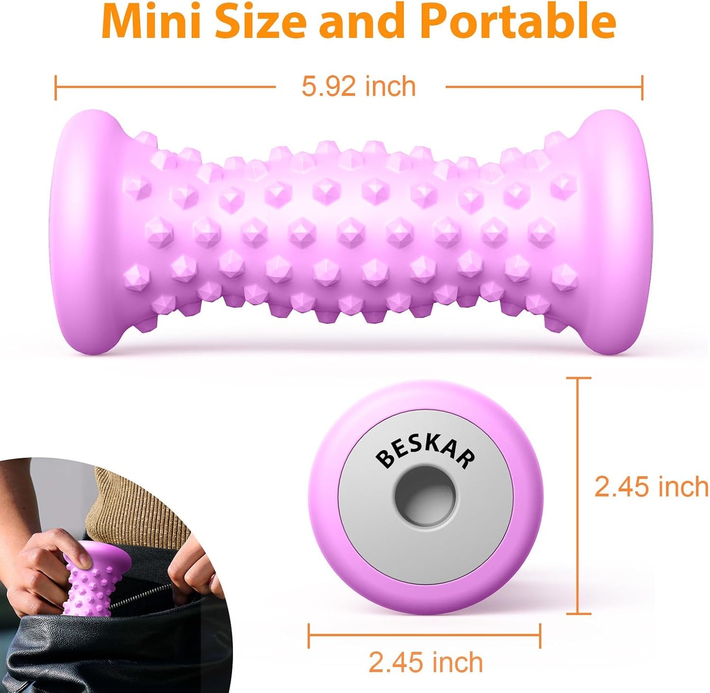 BESKAR Foot Massager Roller for Plantar Fasciitis Relief, Portable, Deep Tissue Muscle Massage, Foot Arch and Heel Pain, Reflexology Tool