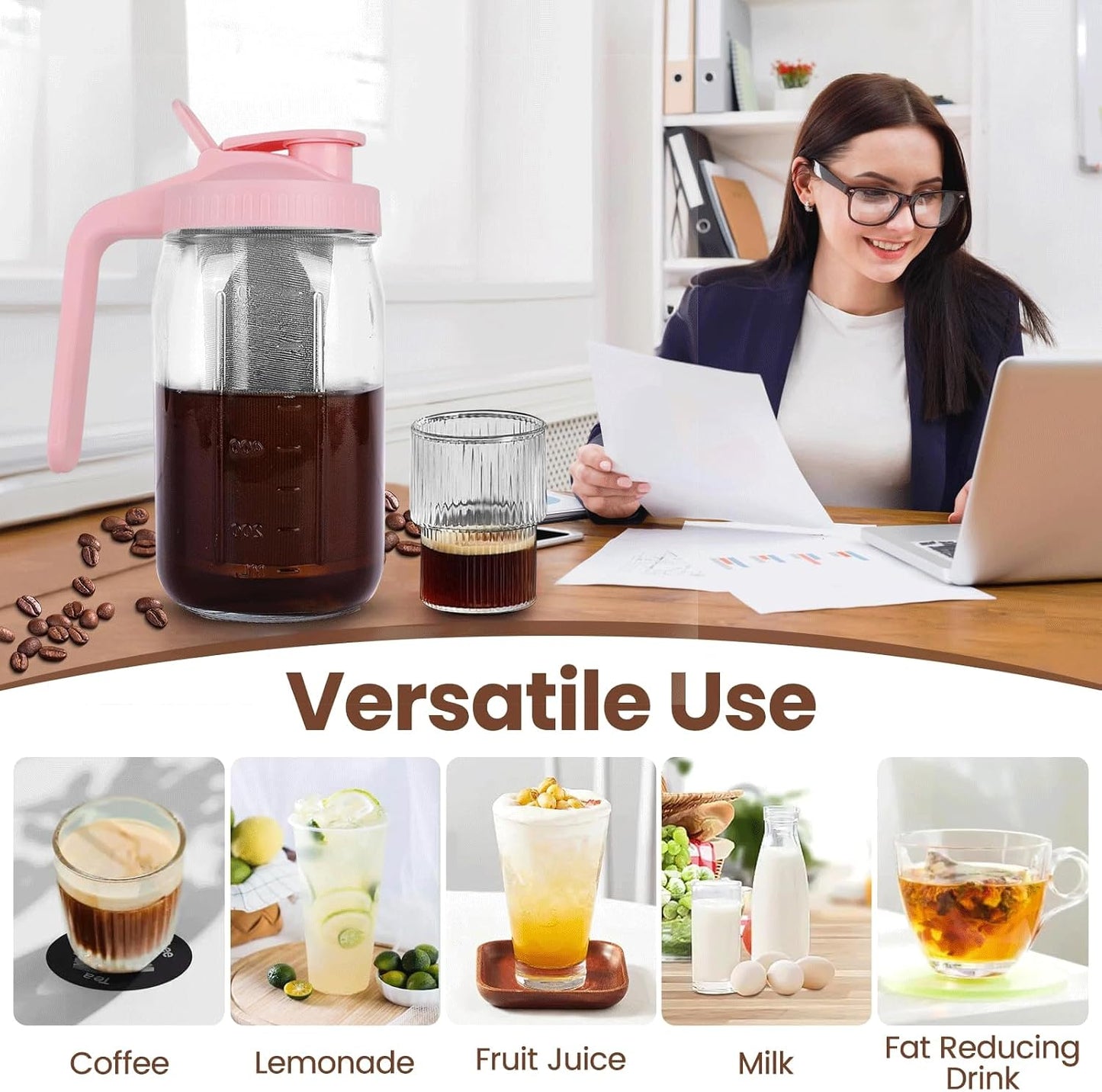 Cold Brew Coffee Maker,64 oz Mason Jar Pitcher with Stainless Steel Filter, Pour Spout Handle Lid, Heavy Duty Glass Airtight & Leak-Proof for Iced Coffee,Tea & Lemonade
