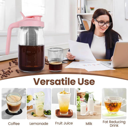 Cold Brew Coffee Maker,64 oz Mason Jar Pitcher with Stainless Steel Filter, Pour Spout Handle Lid, Heavy Duty Glass Airtight & Leak-Proof for Iced Coffee,Tea & Lemonade
