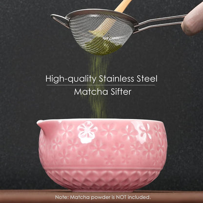 7Pcs Matcha Whisk Set, Matcha Set Whisk and Bowl,Bamboo Scoop, Scoop Rest, Sifter and Tea Towel, Matcha Kit W/Carved Cherry Blossm Pattern for Matcha Lovers (Sakura Pink)