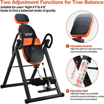 Teclor Inversion Table for Back Pain Relief, 350 lbs Capacity Strength Training Inversion Equipment, Decompression Table for Pain Therapy Training with Safe Belt & Comfortable Ankle Holders