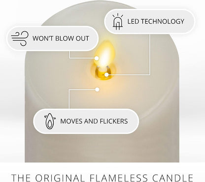 Luminara Realistic Flameless LED Set of 3 Ivory Pillar Candles, Home Safe Moving Flame Melted Top Illumination, Battery Operated Remote Control w/Timer