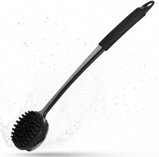 Back Scrubber for Shower, 15.7" Loofah with Handle, Back Shower Brush with Bristles and Loofah, Dry Brushing Body Brush for Cleanse Back and Hard to Reach Areas with Curved Long Handle