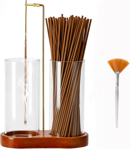 Incense Holder for Sticks with 2 Glass Ash Catchers, Wooden Incense Burner with Cleaning Brush, Anti-Ash Flying Incense Stick Holder for Meditation, Yoga, Spa, Home Decor
