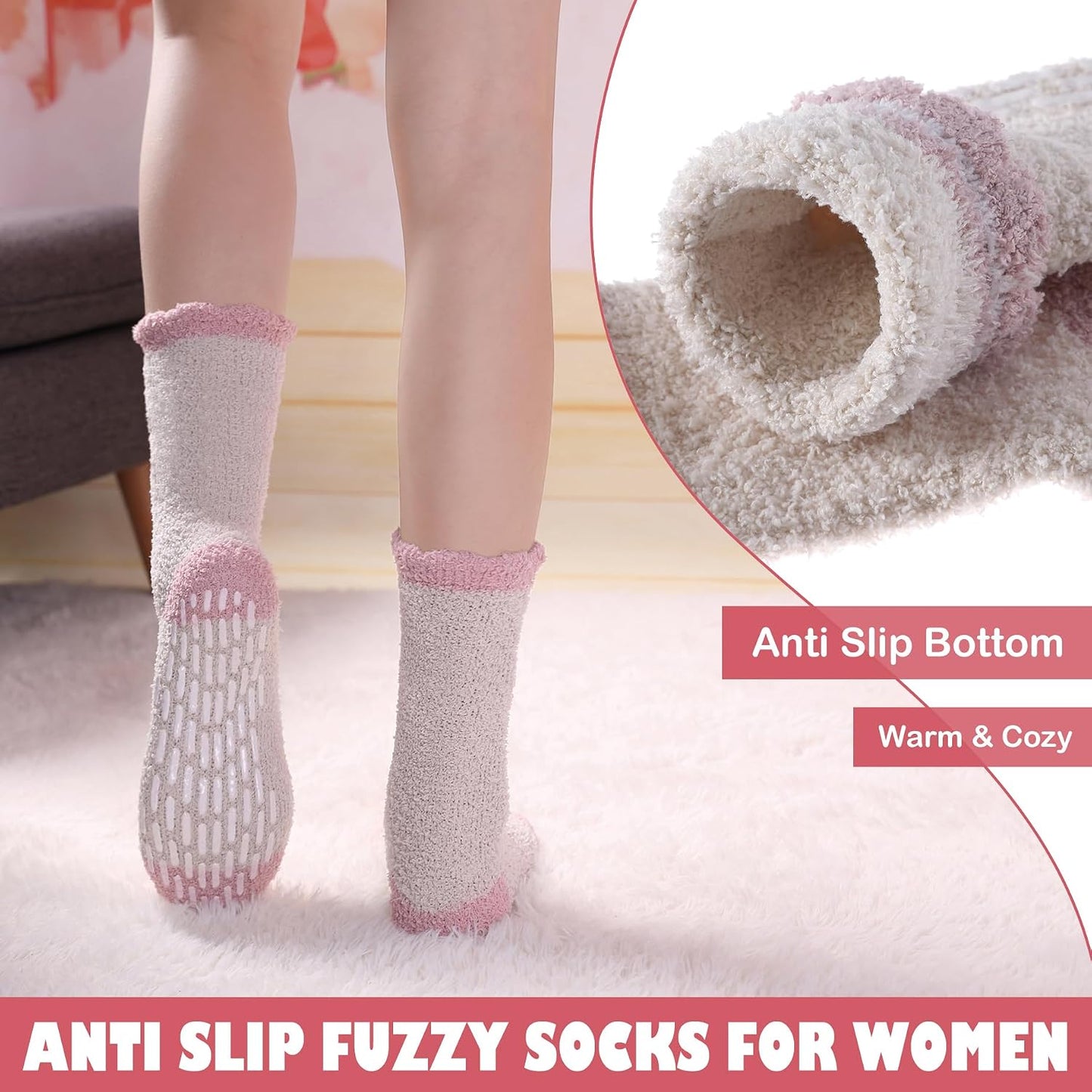 LINEMIN Non-Slip Fuzzy Socks for Women - Cozy Hospital Soft Fluffy Socks With Grips - Winter Warm Slipper