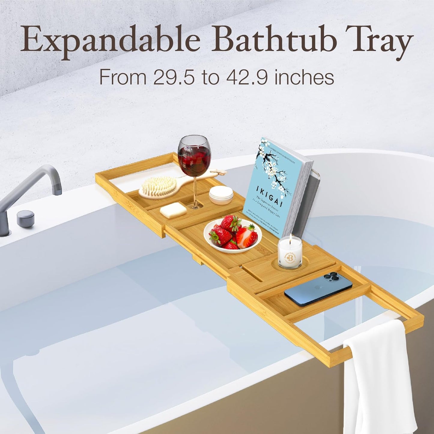 Bambüsi Bathtub Tray for Tub - Brown Bamboo Bath Tray, Expandable Wooden Bath Caddy Tray with Wine Holder, Book and Tablet Stand, Bathroom Accessories, Tub Table, Spa Bath Gifts for Women and Couples