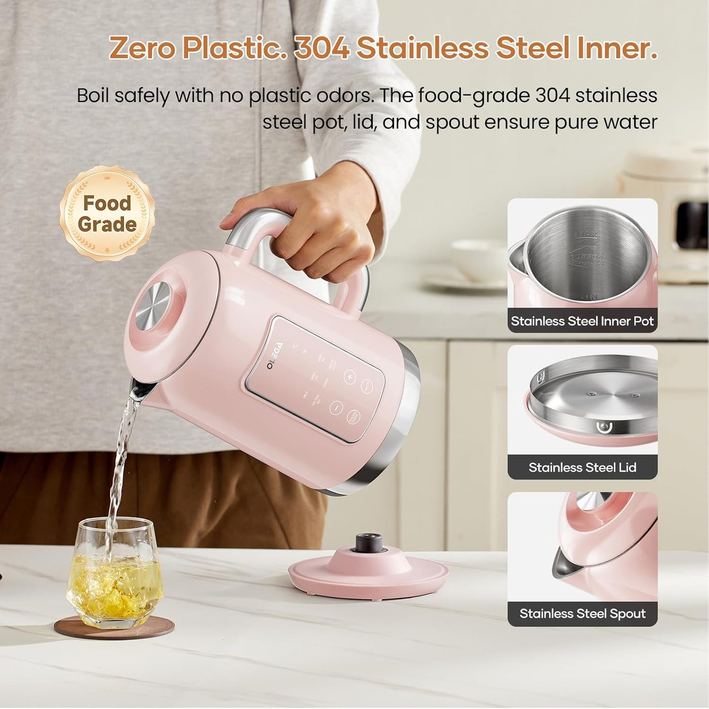 Electric Kettle Temperature Control: OLEGA 1.5L Stainless Steel Smart Kettle Hot Water Boiler, 6 Temp Presets, 1200W Fast Boiling Electric Tea & Coffee Kettle, Electric Kettles Teapot for Home -Green