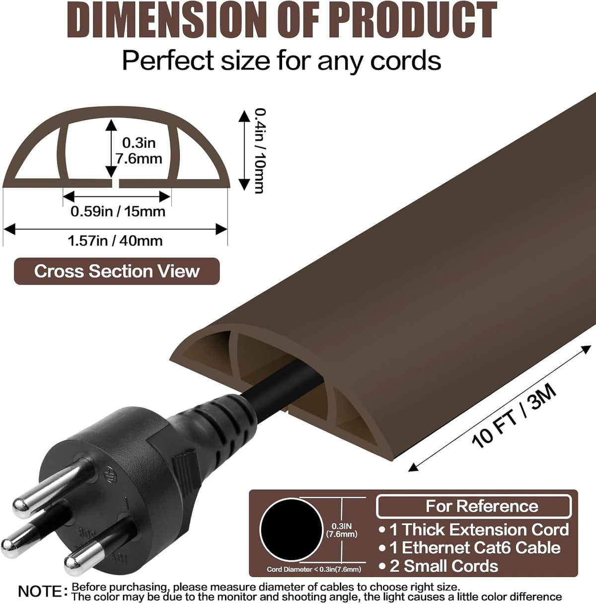 Floor Cord Cover Self Adhesive Cord Hider,10FT Cable Management, Extension Strip Protector for Wires, Prevent Cable Trips for Offices, Gyms, Exhibitions Cavity 0.39"(W) x 0.27"(H) BrownWood