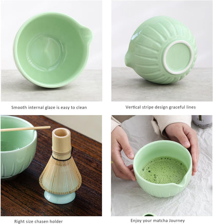 TANG PIN Matcha Set - Match Bowl and Whisk, 15 OZ, Matcha Scoop | Matcha Whisk Stand (Chasen Holder) - 5pc Perfect Matcha Kit for Matcha Tea Ceremony (Mottled Green)